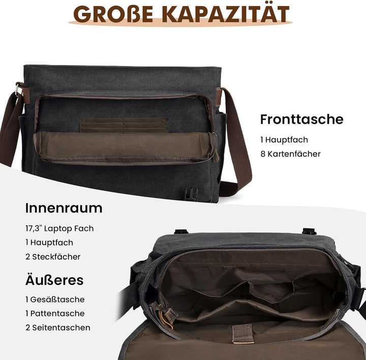 S-ZONE Herren Umhängetasche 17,3 Inch Übergrösse Messenger Bag Canvas Laptoptasche Aktentasche Schul