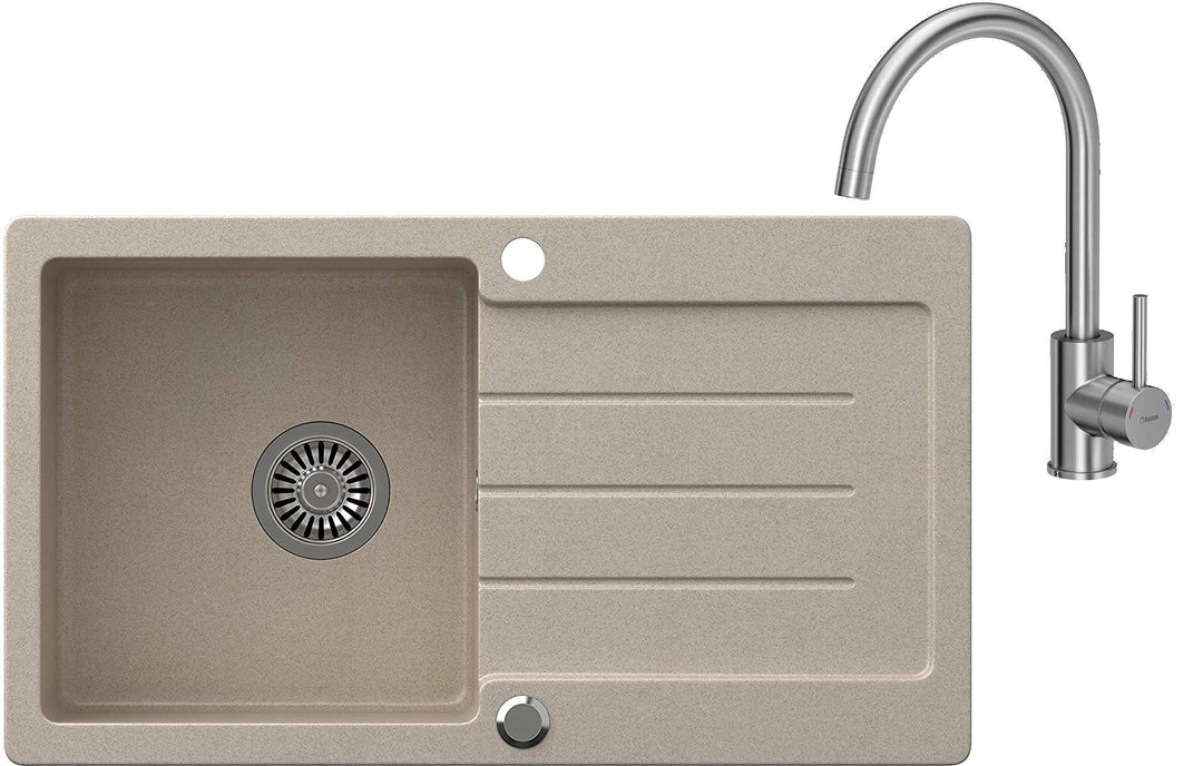 VBChome Spülbecken Beige 77 x 44 cm Granit Einzelbecken Einbauspüle gesprenkelt reversibel Verbundsp