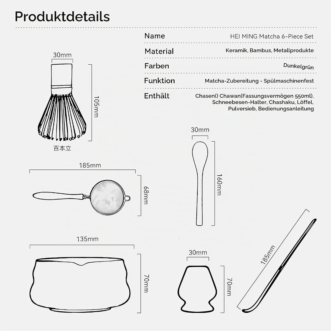Premium Matcha Set 6-teilig – Exklusives Matcha Tee Set mit Bambus-Chasen (Besen), Dunkelgrün Kerami