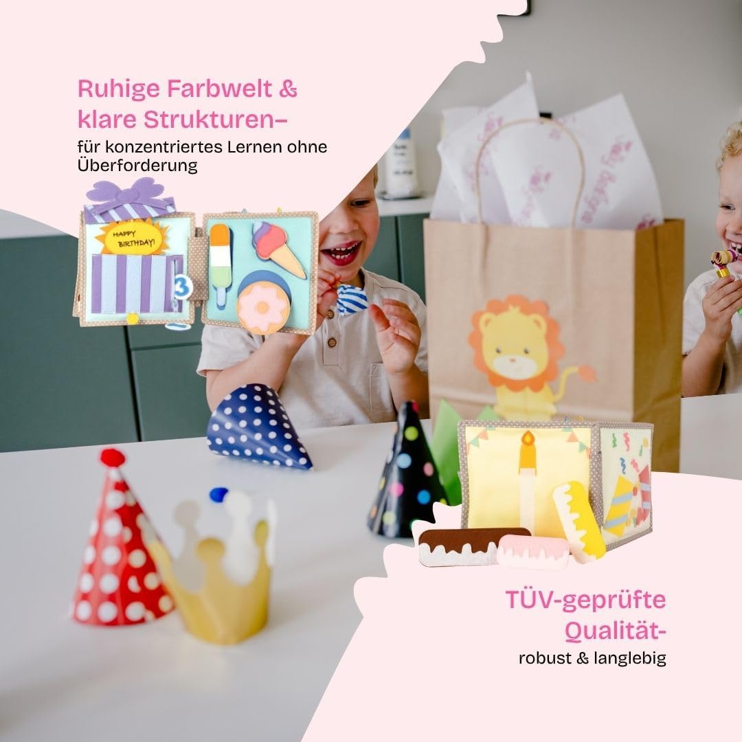 Jolly Designs – Happy Bearsday - 6 Seiten Mini Quiet Book – Montessori Spielzeug ab 1 Jahr – Motorik