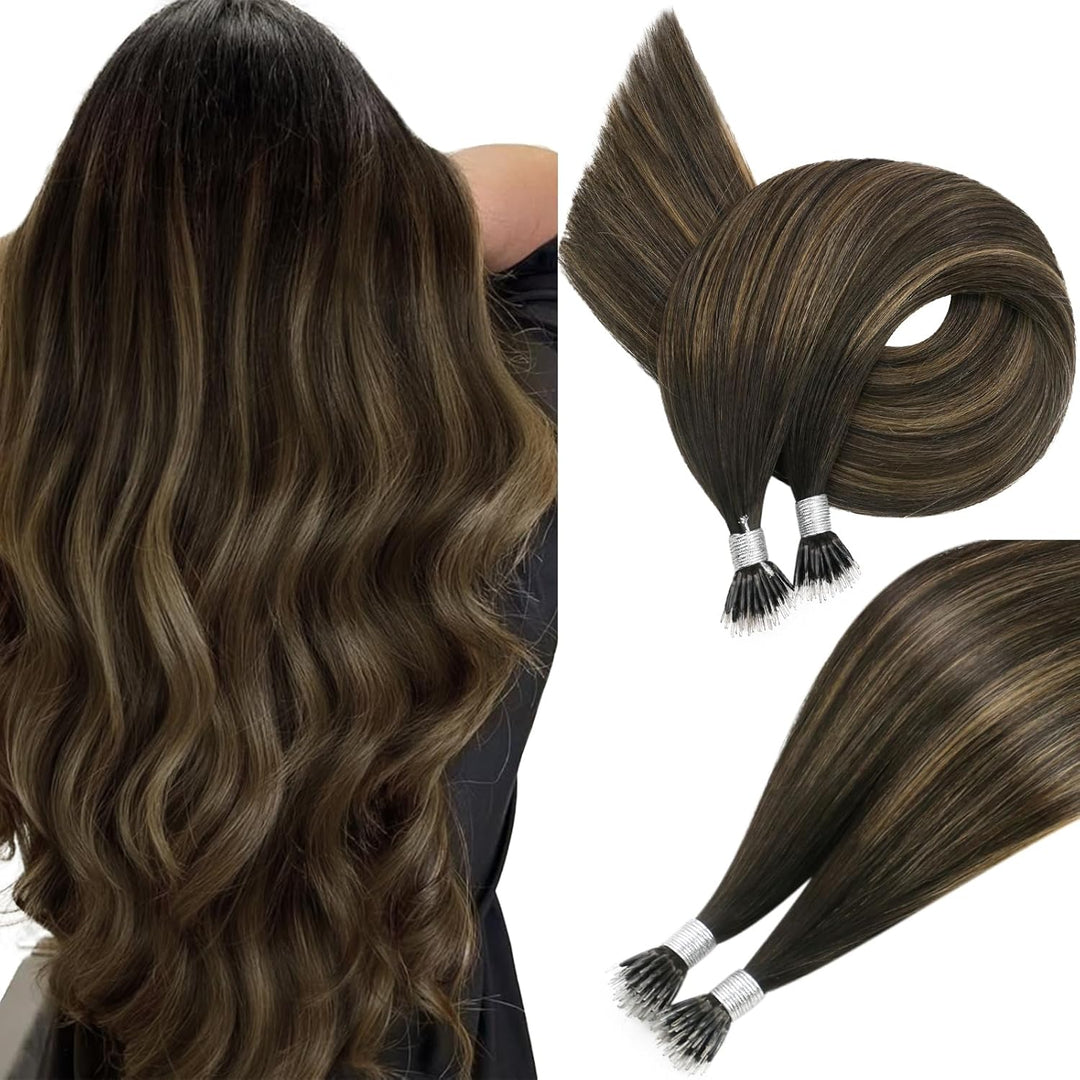 Easyouth Balayage Nanoring Haarverlängerung Echthaar 35 cm Braun Aschbraun und Dunkelstes Braun Misc