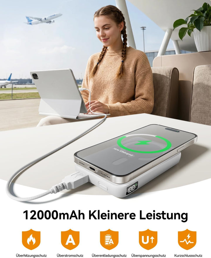 Powerbank für Magsafe, 12000mAh Kabelloses Power Bank mit 22.5W PD USB-A Ausgabe, Magnetische Extern