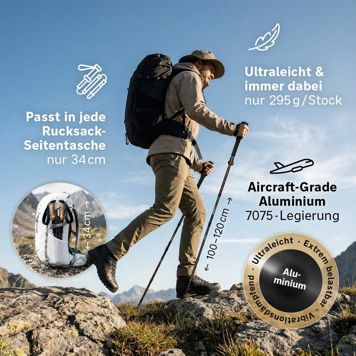 Wanderstöcke faltbar Carbon &amp; Aluminium (nur 240g / 295g) Korkgriff | Ultraleicht &amp; stufenlos verste