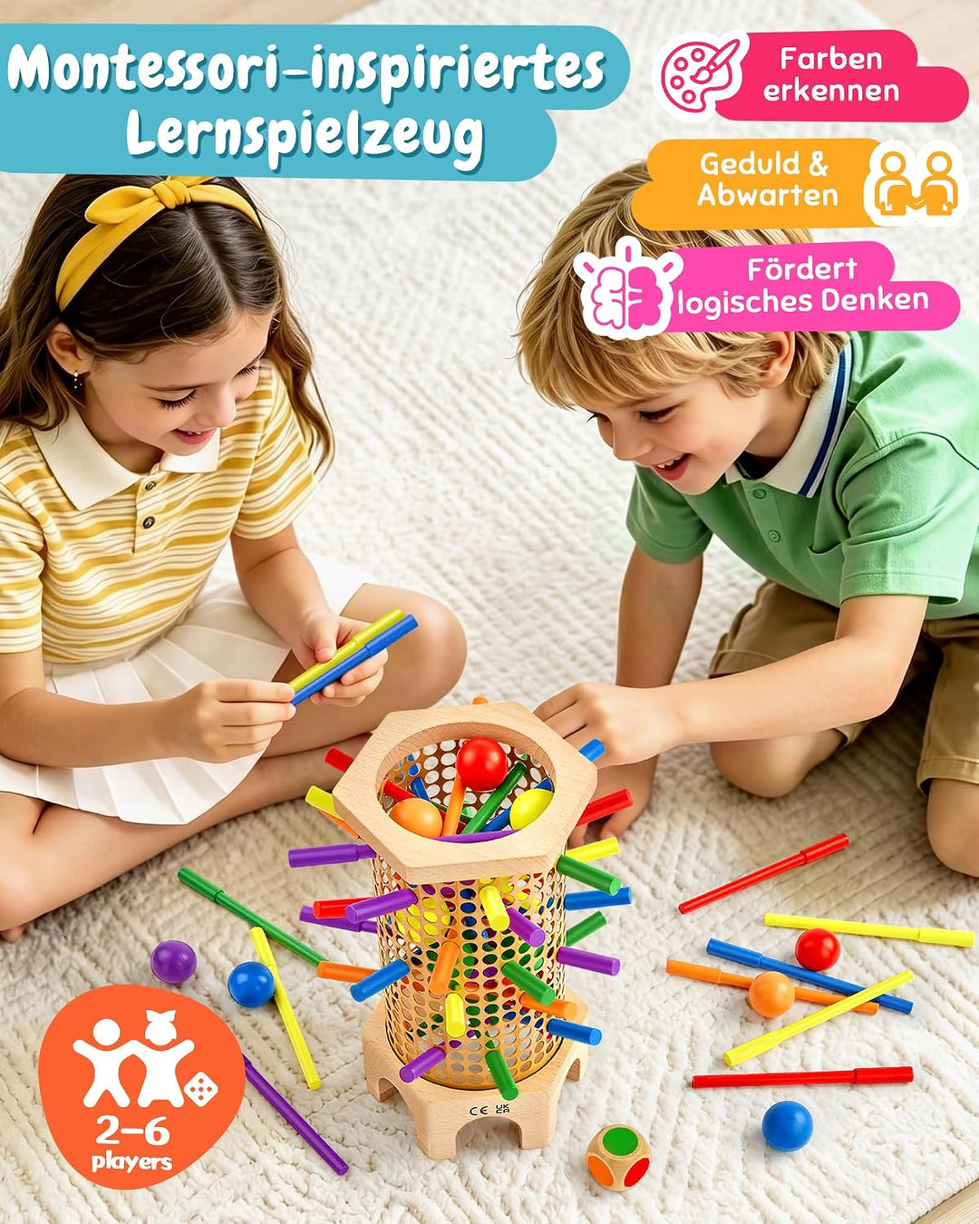Montessori Spielzeug ab 3 4 5 6 Jahren - Holz Brettspiel mit bunten Antirutsch-Stäbchen, Ball & Würf