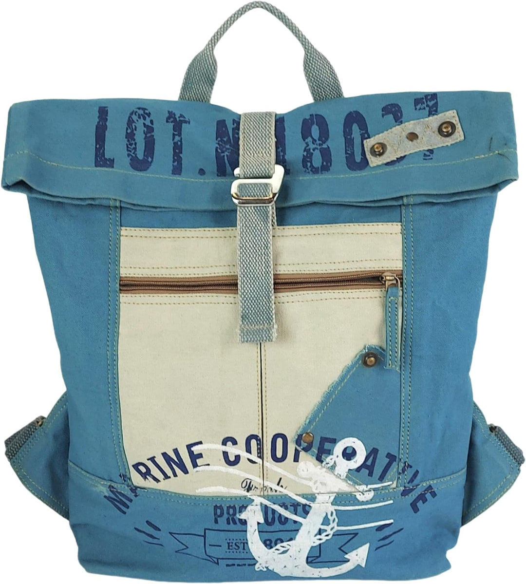 Sunsa Rucksack. XL Leinwand/Canvas Backpack. Rolltop Cityrucksack. Vegane Daypack in Maritim/Anker D