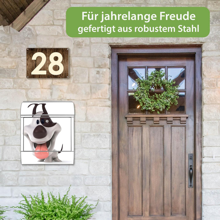 banjado® Design Briefkasten mit Motiv Comic-Hund 39x47x14cm &amp; 2 Schlüssel - Briefkasten Stahl Silber
