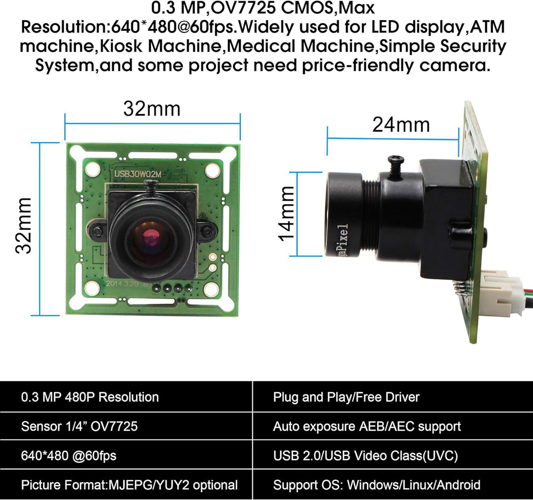 G 60fps USB Kameramodul 0.3mp Webcam modul Weitwinkel VGA Webkamera,480P 8mm Objektiv USB mit Kamera