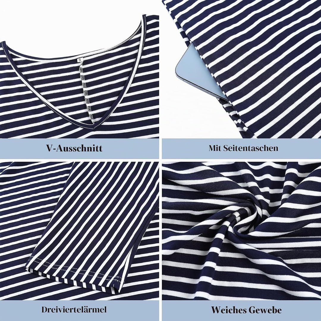 Uniexcosm Nachthemd Damen Lange Baumwolle 3/4 Ärmel Nachtkleid Nachtwäsche V-Ausschnitt Freizeitklei