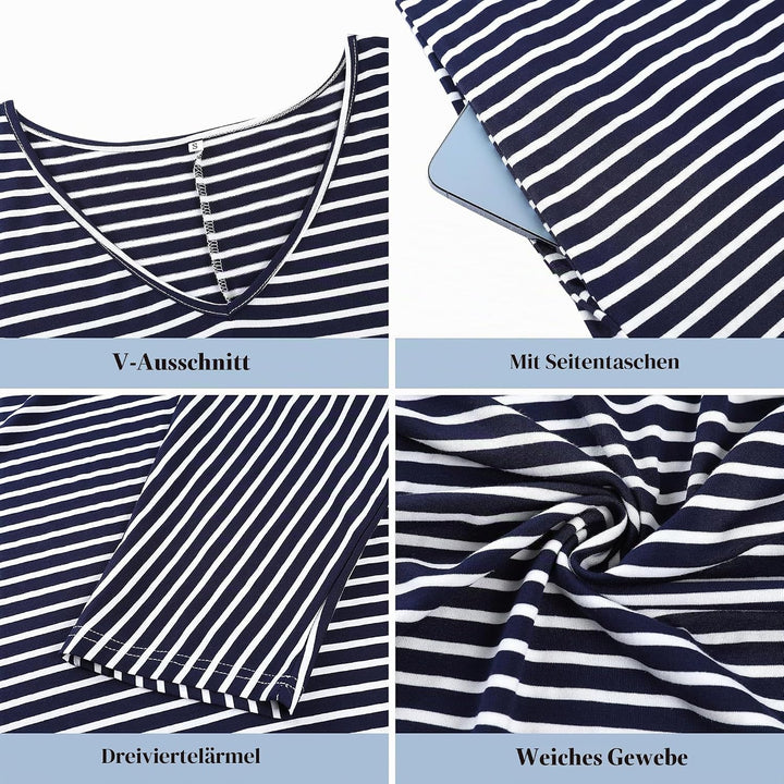 Uniexcosm Nachthemd Damen Lange Baumwolle 3/4 Ärmel Nachtkleid Nachtwäsche V-Ausschnitt Freizeitklei