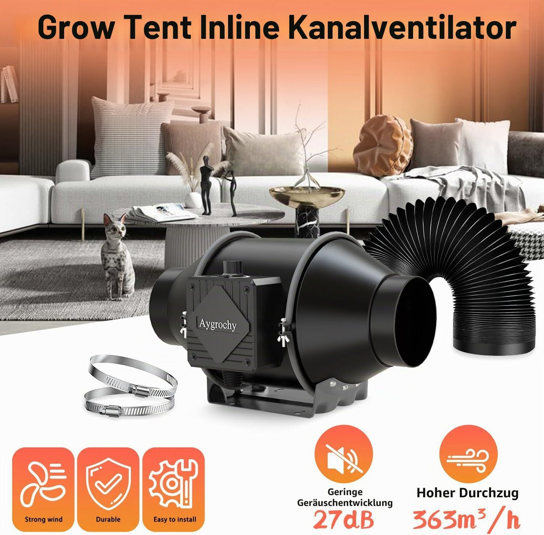 Aygrochy 100mm Regelbar Rohrventilator mit Abluftschlauch, Drehstrom EC motor Abluftventilator für H