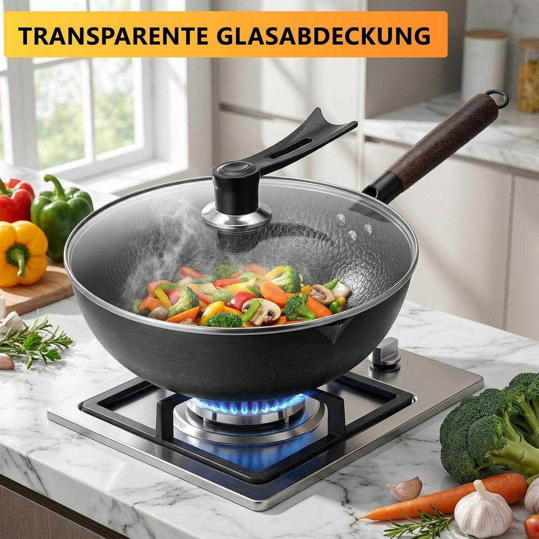 Wok mit Deckel 32cm Gusseisen Wokpfannen: Wok für Alle Herdarten Geschmiedet Eisenpfanne Keine Chemi