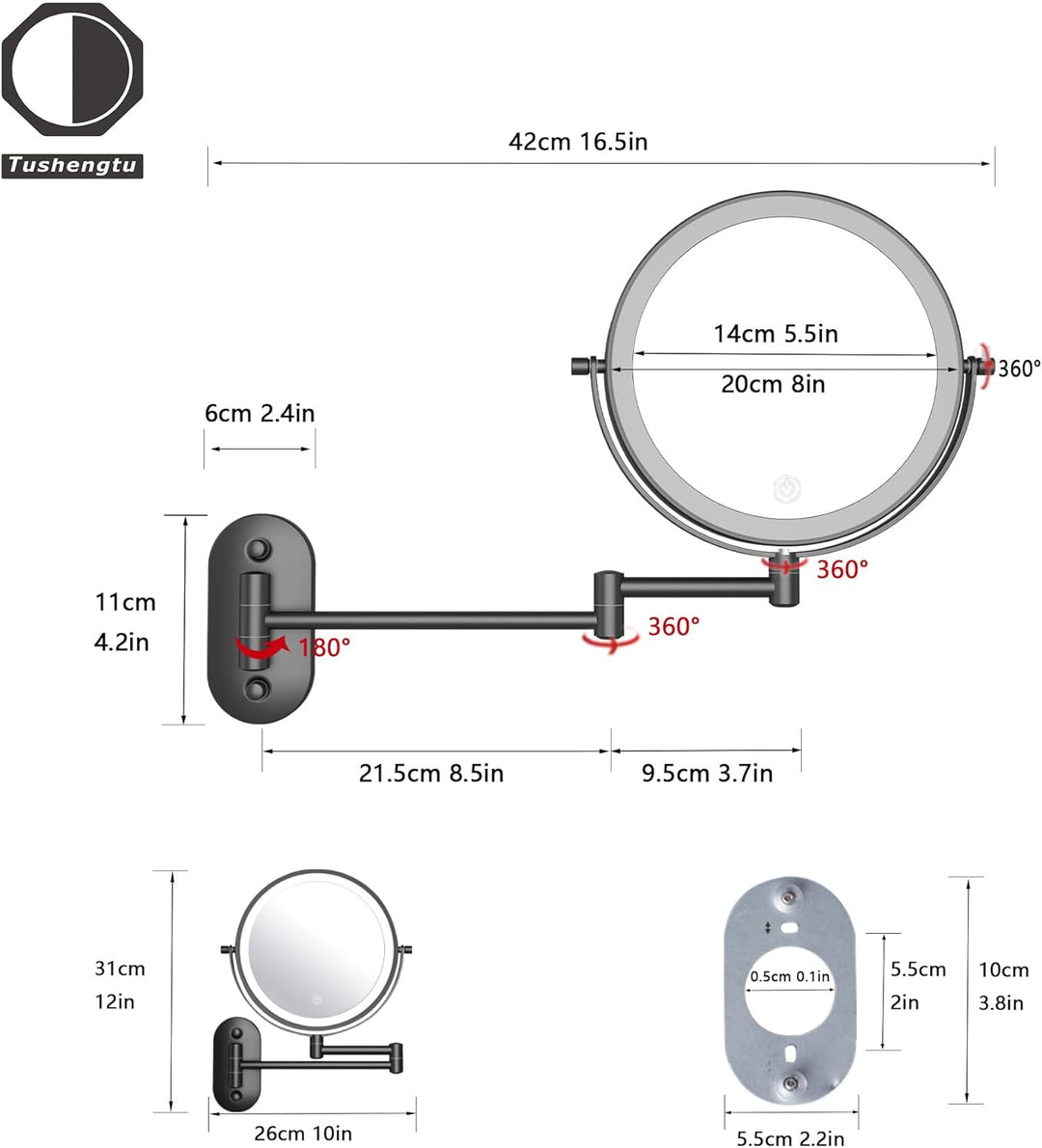 schminkspiegel mit Beleuchtung, 22cm Wand-Rasierspiegel für das badspiegel mit 10x Vergrösserung und
