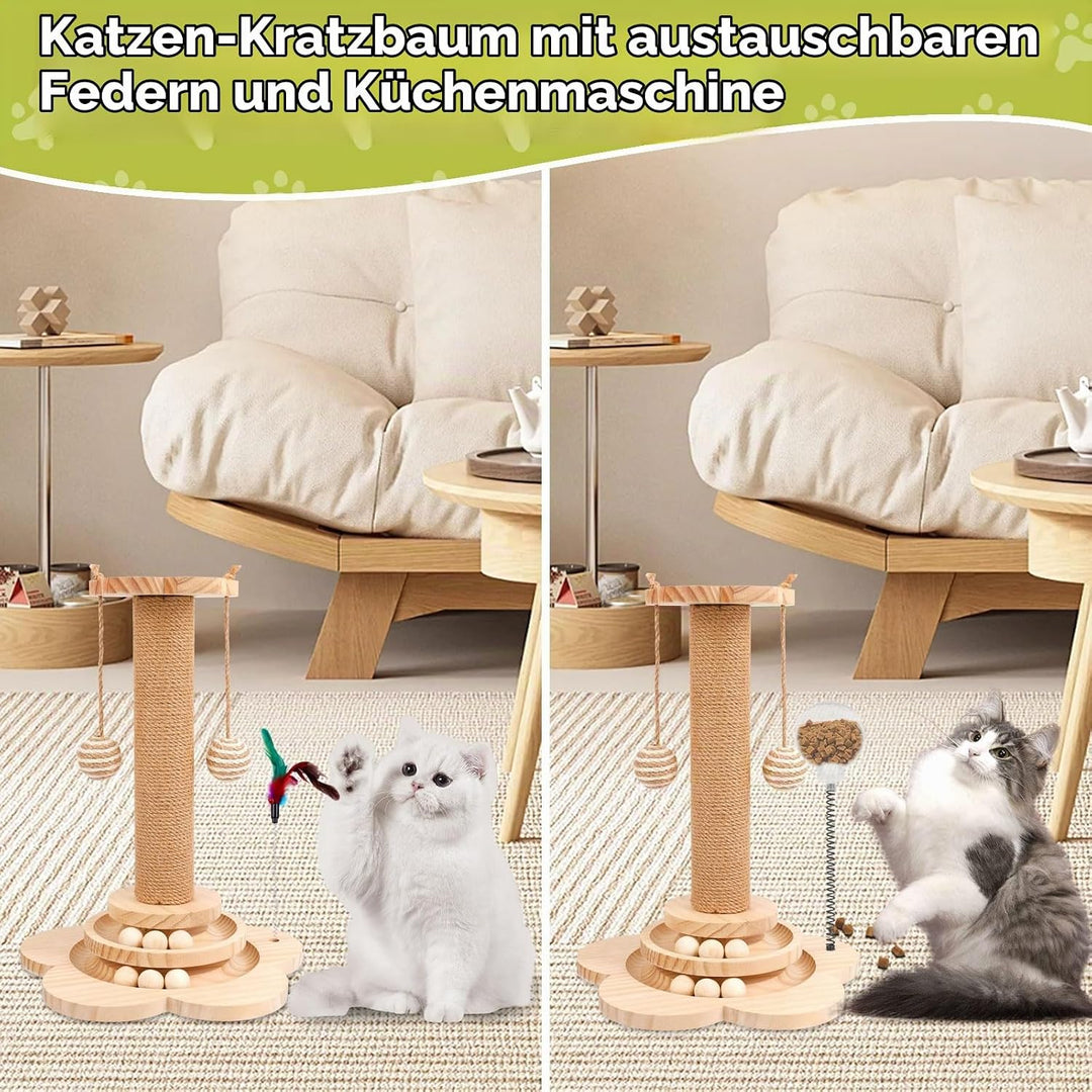Interaktives Katzenspielzeug aus Holz,2-lagiger Drehteller Interaktives Katzen Spielzeug,3-in-1 Holz