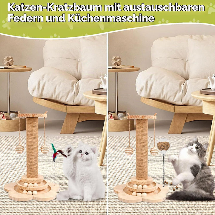 Interaktives Katzenspielzeug aus Holz,2-lagiger Drehteller Interaktives Katzen Spielzeug,3-in-1 Holz