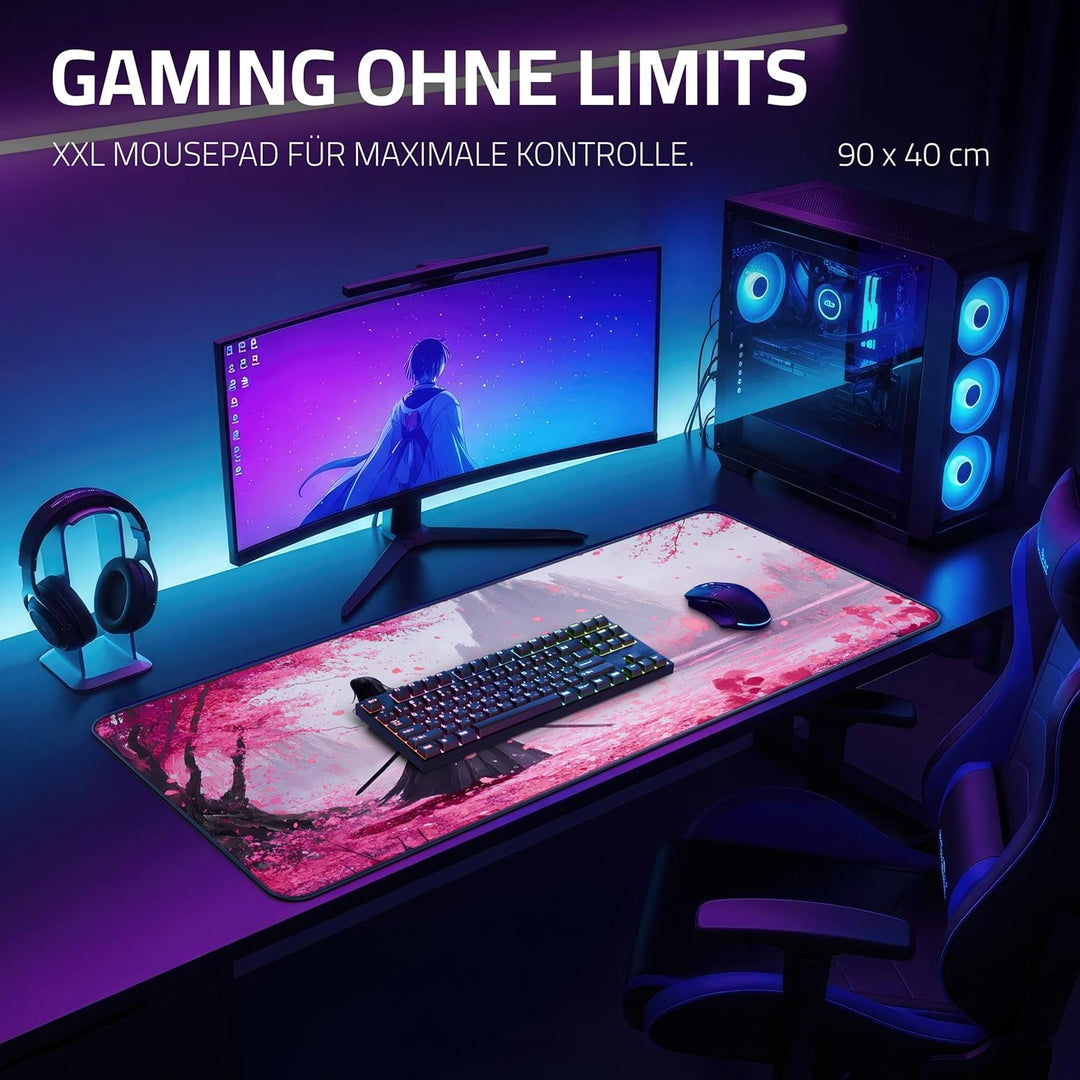 XXL Gaming Mauspad 900x400 - Vernähte Kanten & wasserabweisend - Anime Mousepad für Gamer & Büro - g