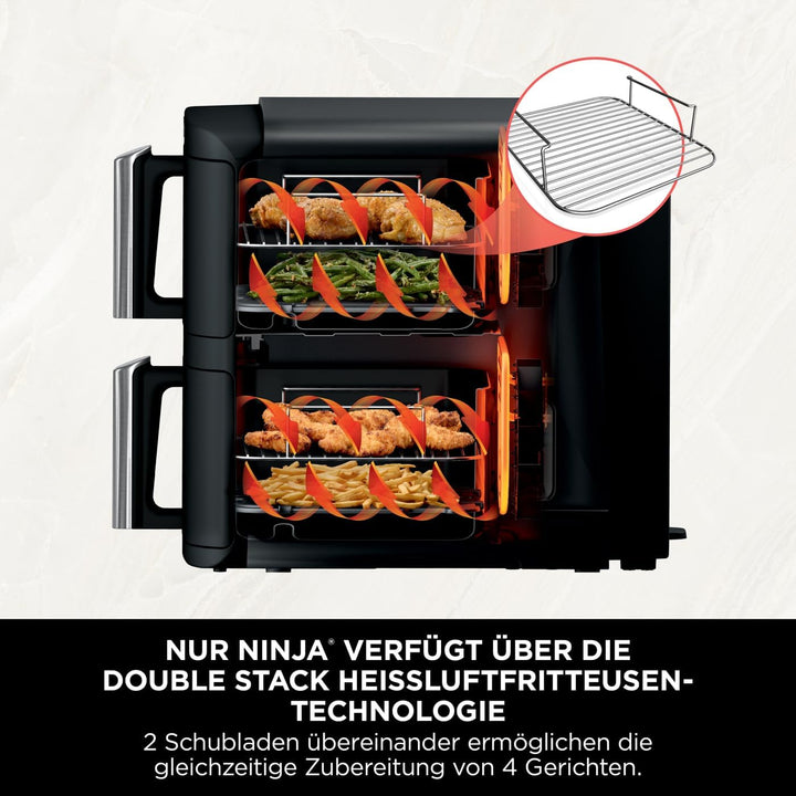 Ninja Double Stack Heissluftfritteuse, 7,6 L Airfryer, Doppelkorb-Heissluftfritteuse mit 4 Kochstufe