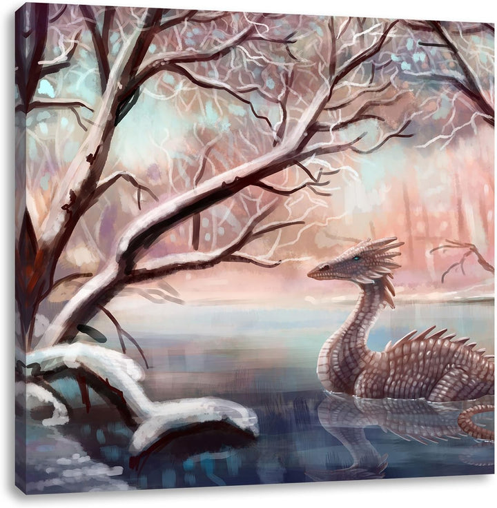 Pixxprint Drache im schneebedeckten Wald, Format: 70x70 auf Leinwand, 70x70