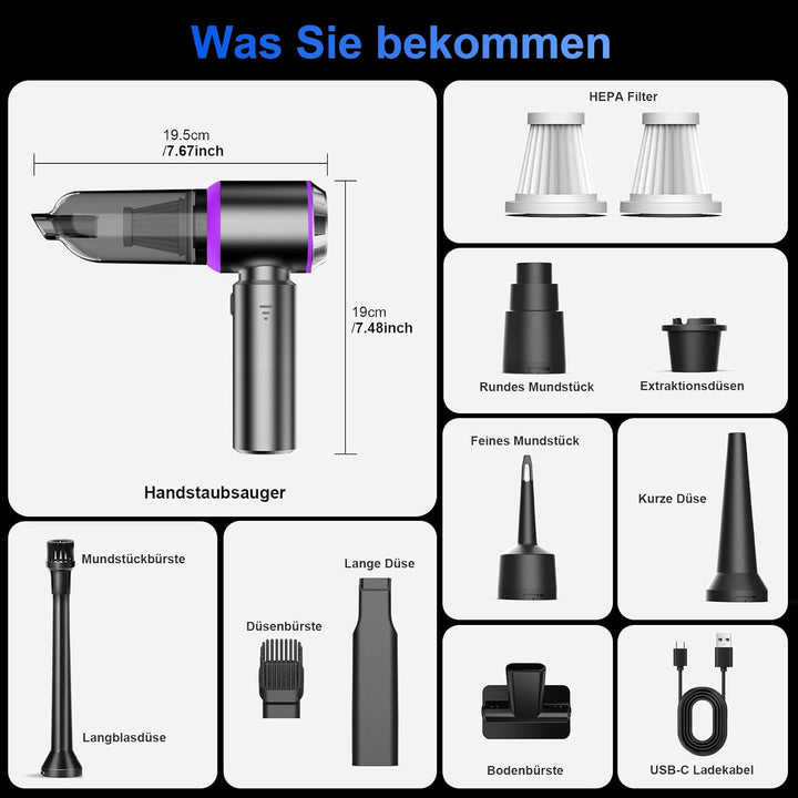 Handstaubsauger, 26000Pa Mini Akku Staubsauger Kabellos 4-In-1 Autostaubsauger 6000mAh 3-Gang Elektr