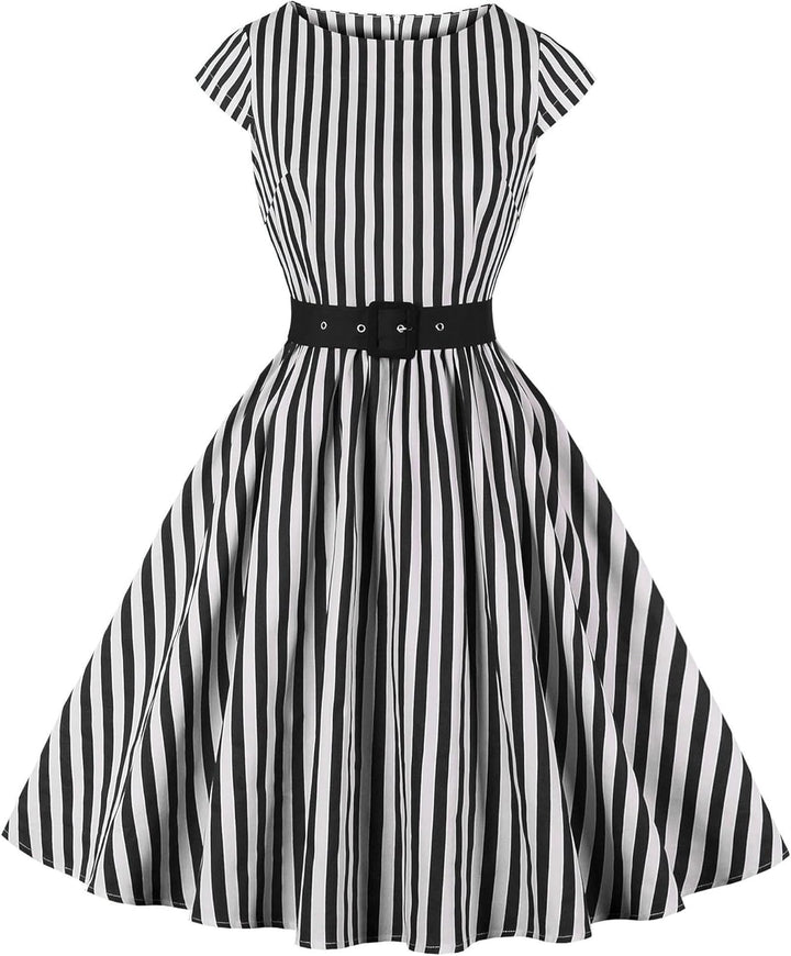 AXOE Damen Rockabilly Kleider 50er Jahre Baumwolle Gürtel S Gestreift Schwarz, S Gestreift Schwarz