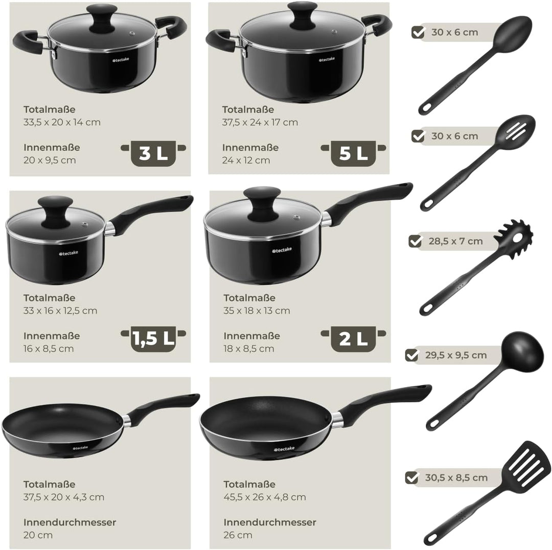 tectake® Küchenstarterset 6 Personen, Steingut Geschirr Set, Teller, 4 Töpfe 2 Pfannen rostfreies Al