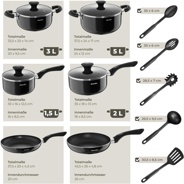 tectake® Küchenstarterset 6 Personen, Steingut Geschirr Set, Teller, 4 Töpfe 2 Pfannen rostfreies Al