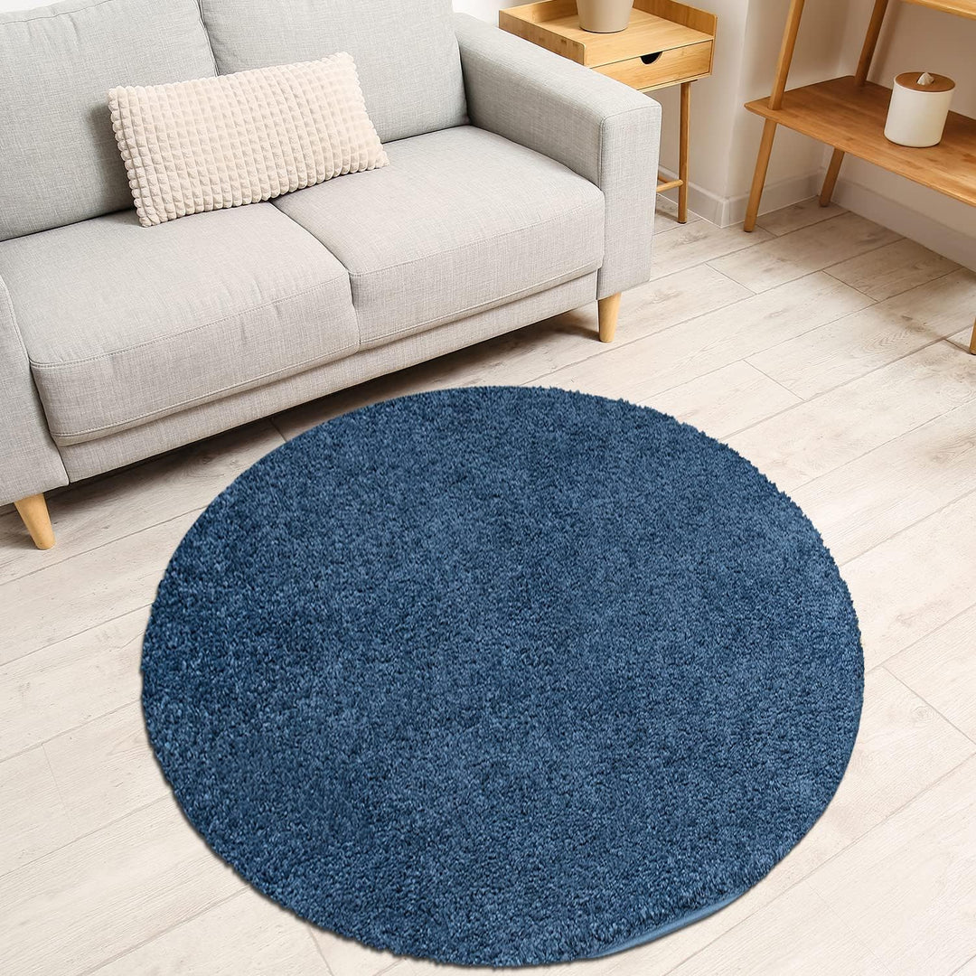 payé Teppich Rund Hochflor Shaggy - 200x200cm - Blau Einfarbig Uni Flauschig Modern Boho Wohnzimmer