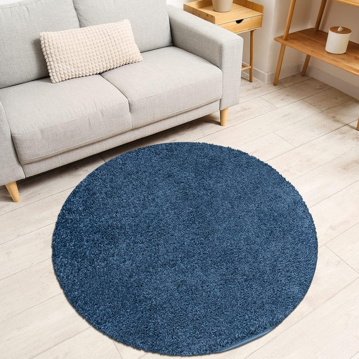 payé Teppich Rund Hochflor Shaggy - 200x200cm - Blau Einfarbig Uni Flauschig Modern Boho Wohnzimmer