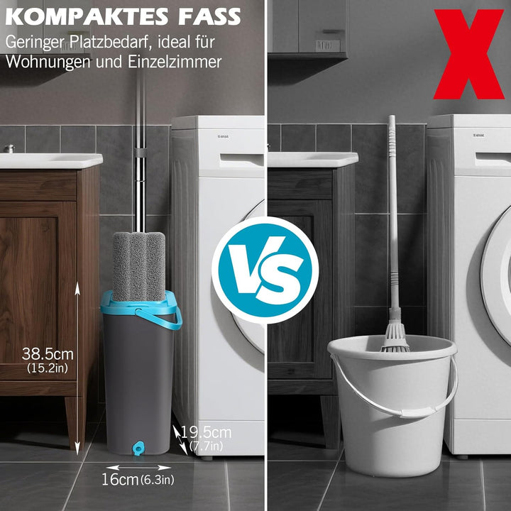 MASTERTOP Bodenwischer Set mit Eimer, Flacher Wischmopp mit 6 Mikrofaser Pads für Nass-Trockennutzun