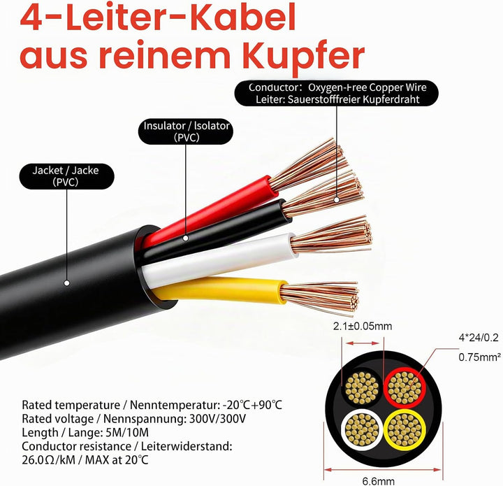 5M Fahrzeugleitung 4x0,75mm² Rundkabel, 12V 24V 4 Adriges Anhängerkabel, 4 Adriges Elektrokabel FLRY