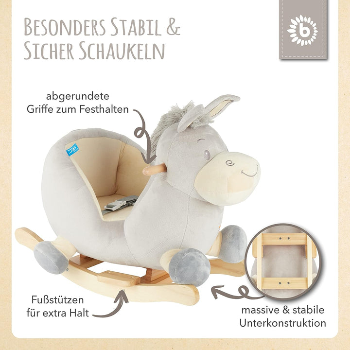 Bieco Plüsch Schaukeltier Esel Fips, 60 cm | Kinder Schaukelstuhl mit Sicherheitsgurt | Baby Schauke