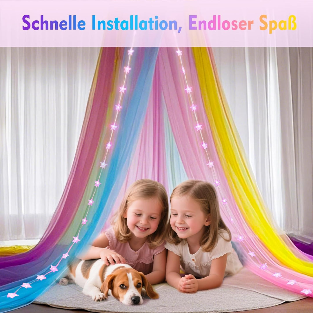 Regenbogen Betthimmel Mädchen mit Lichtern, 24 Farben Himmelbett Vorhänge LED-Stern Fee Lichter Prin