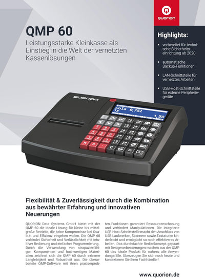 QUORiON Kassensystem QMP 60 Registrierkasse inklusive TSE USB-Stick mit 3 Jahren Laufzeit, progr. Ta