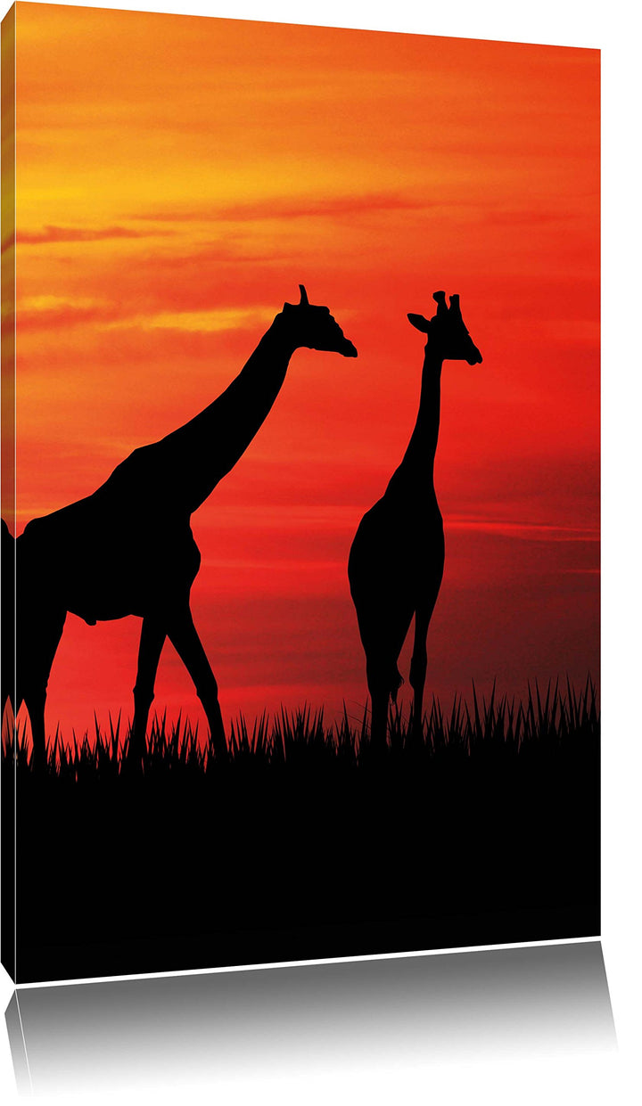 Pixxprint Afrika Giraffen im Sonnenuntergang / 100x70cm Leinwandbild bespannt auf Holzrahmen/Wandbil