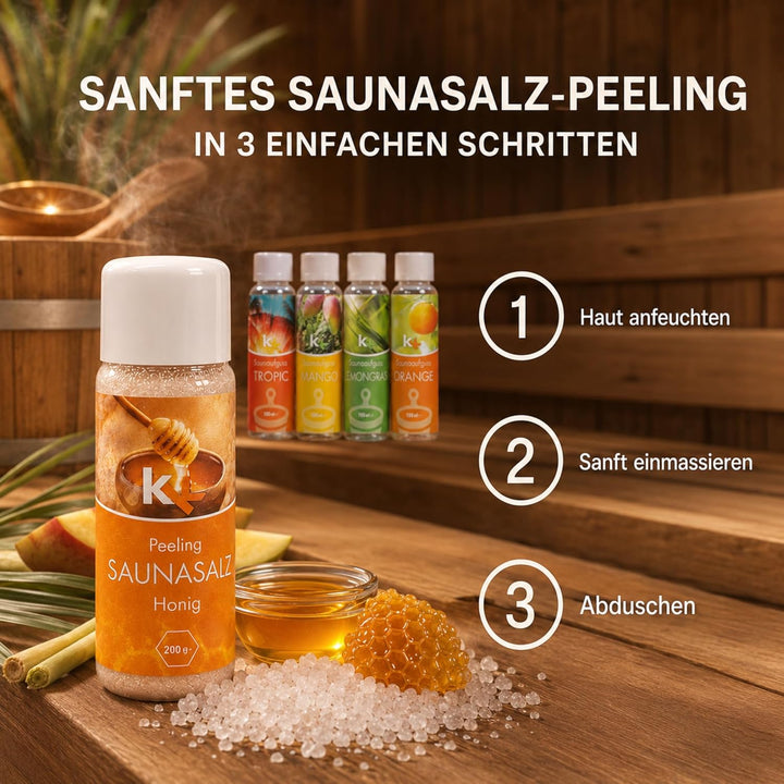 KK Sauna -Set mit Salz Peeling | KK Saunaaufgussset"Karibik" 4 x 100 ml + 200 g KK Saunasalz"Honig"