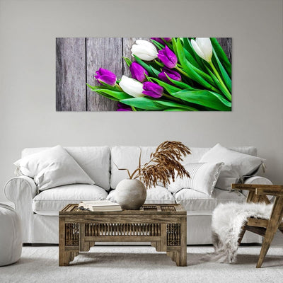 Wandbilder Dekoration Wohnzimmer Tulpen Holz Blumenstrauss Blumen Panorama Bilder auf Leinwand 120x5