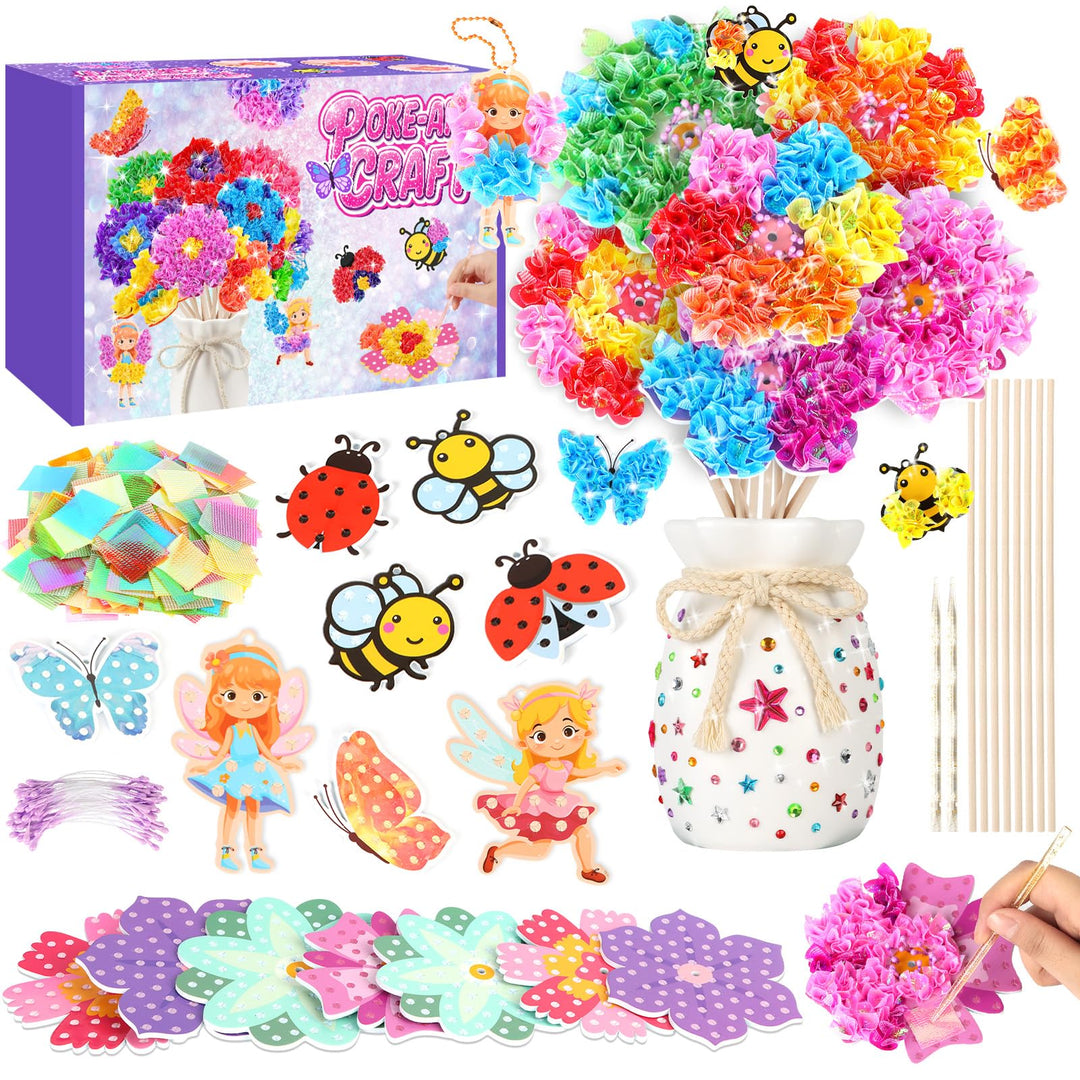 Aragallant 16 Stück Bastelset Kinder ab 4 5 6 7+ Jahre, Poke Art Basteln Mädchen - Mit Vase & 8 Blum