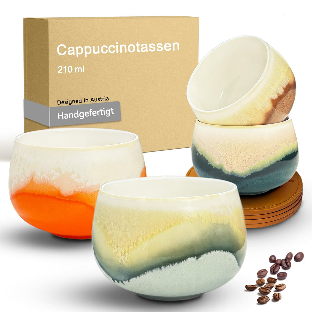 Cappuccinotassen SET 4x210ml-Weiss, Hochwertige Tassen aus Porzellan, Handgefertigte bunte Kaffeetas