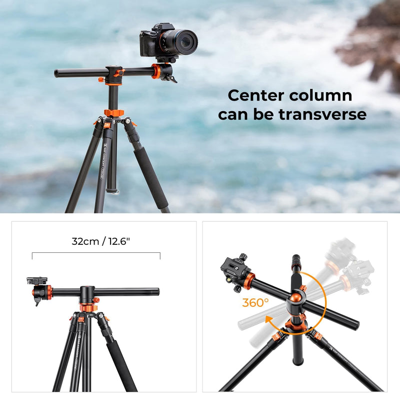 K&F Concept T254A6 Stativ Kamera, Aluminium Tripod mit 90 Grad Mittelsäule, Stativ mit 10 KG Belastu