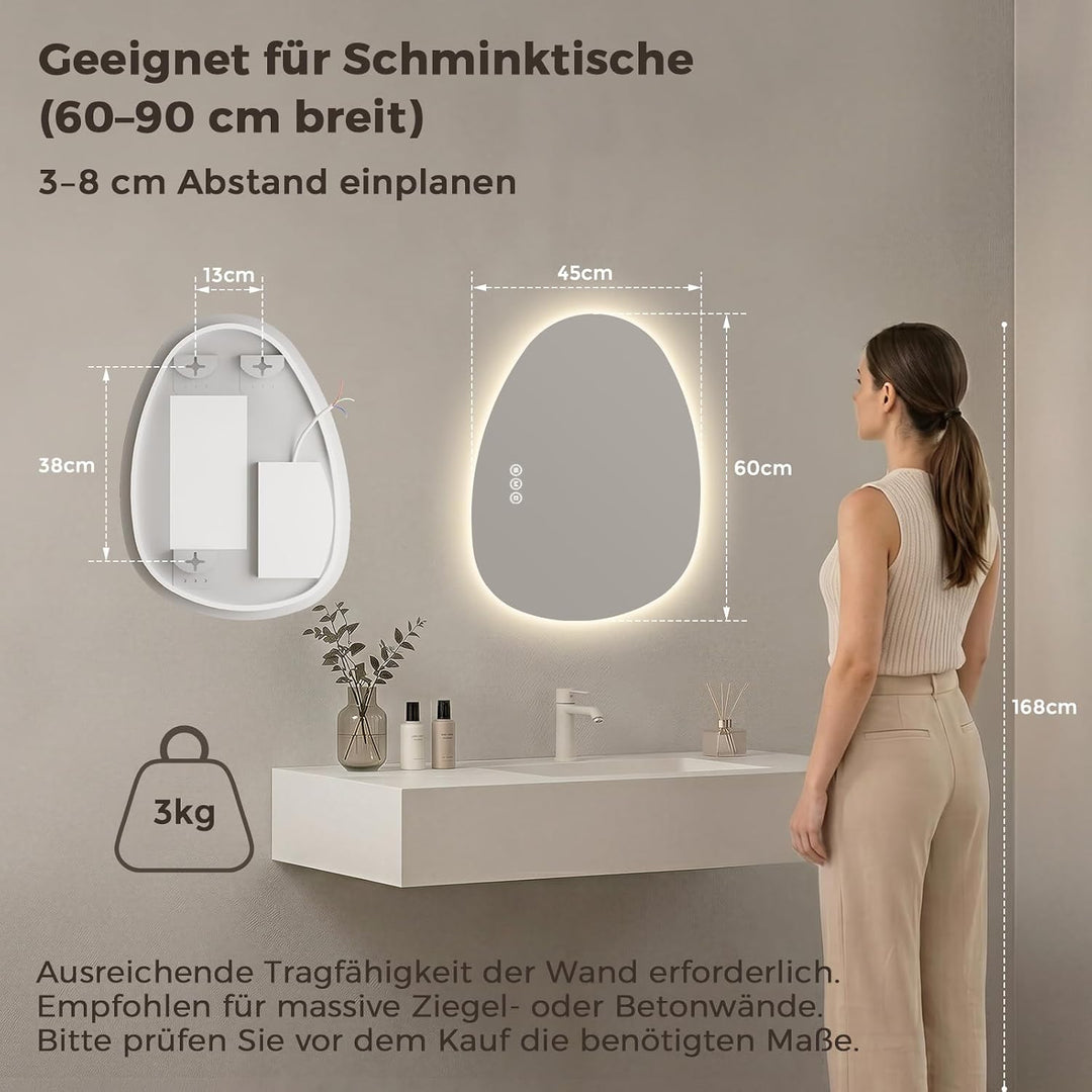 S'AFIELINA Spiegel mit Beleuchtung Asymmetrischer LED Badspiegel 60 × 45 × 2,5 cm (H × B × T) mit To