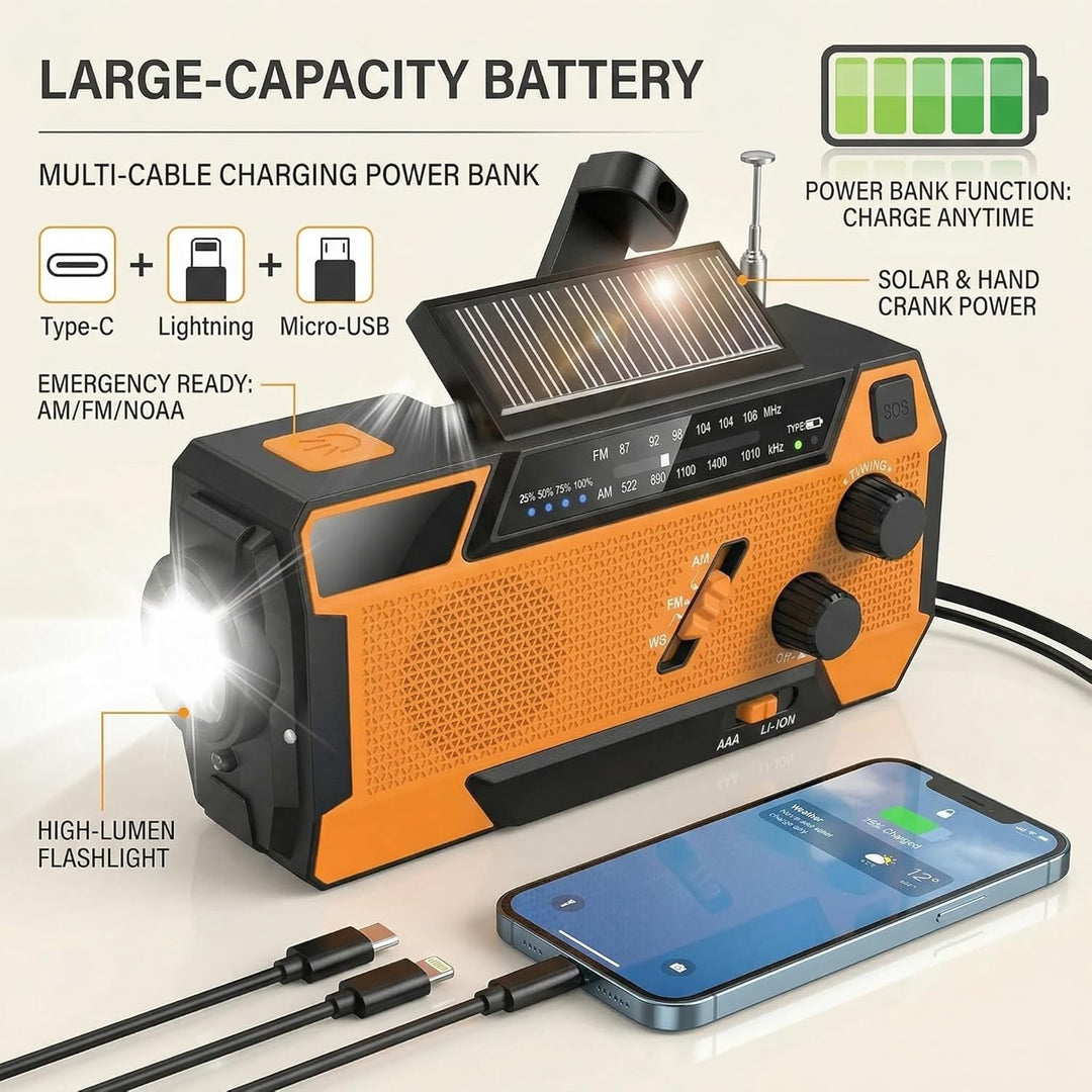 Notfall Radio Kurbelradio mit 3 USB-Lademöglichkeiten, Solar Radio 2000mAh Powerbank Typ-C/Micro-USB