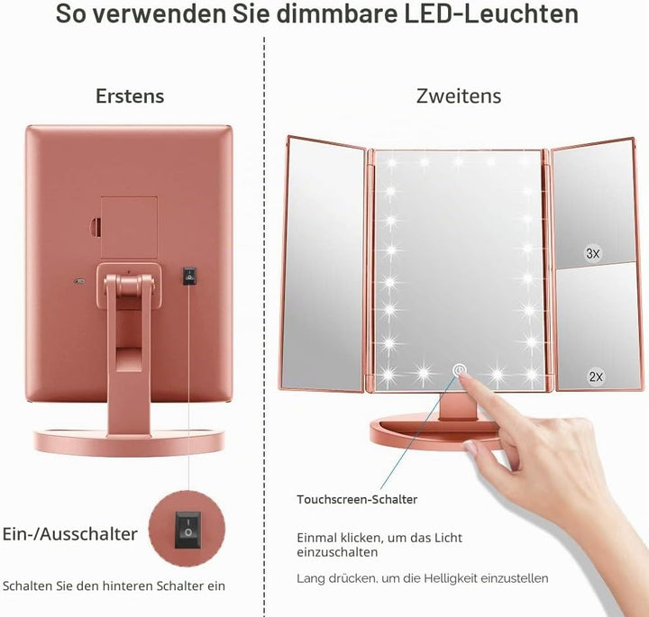 WEILY Schminkspiegel mit Beleuchtung, Faltbare Kosmetikspiegel mit 1X/2X/3X Vergrösserung, Schminksp