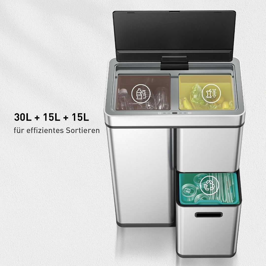 EKO Mirage Plus Mülltrennsystem mit 3 Fächer, 2 x 15 L und 30 L, Recycler Mülleimer mit Sensor, 3 Ku