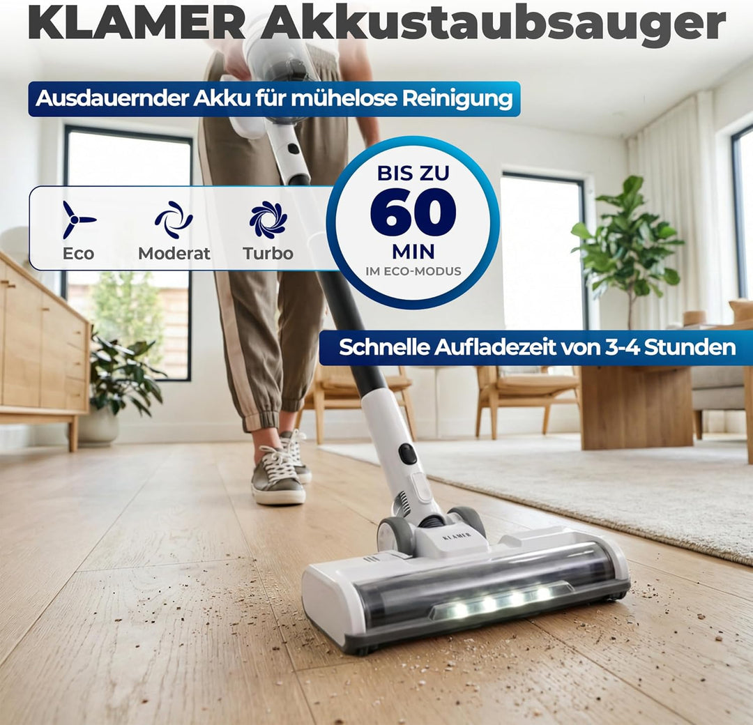 KLAMER Akku Staubsauger, 2-in-1 Staubsauger kabellos & Handstaubsauger, Akkulaufzeit bis 60 min, Akk