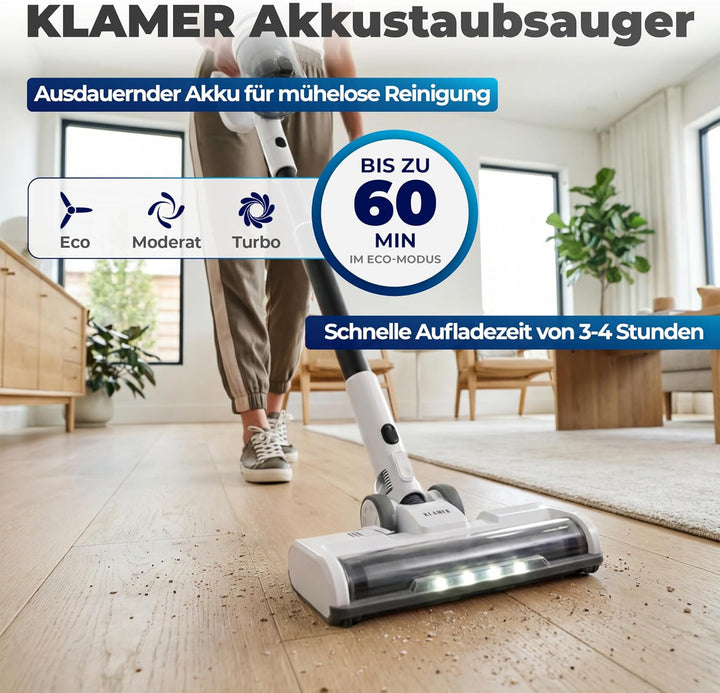 KLAMER Akku Staubsauger, 2-in-1 Staubsauger kabellos & Handstaubsauger, Akkulaufzeit bis 60 min, Akk