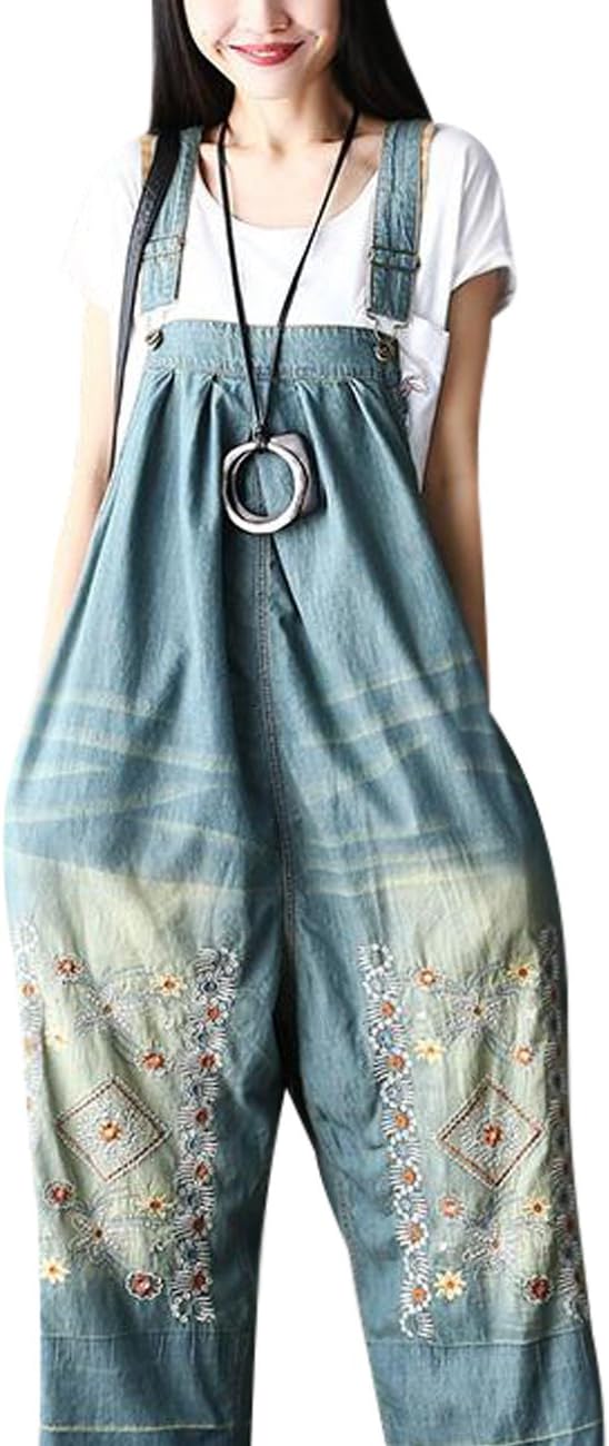 Youlee Damen Sommer Breites Bein Hose Denim Latzhose Overall Hosen M Stil 1 Blau, M Stil 1 Blau