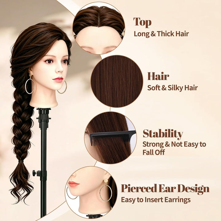 Yofuly 24Zoll / 61cm Frisierkopf mit Ohrlöchern, 80% Echthaar Übungskopf, Make-up Frisieren Training