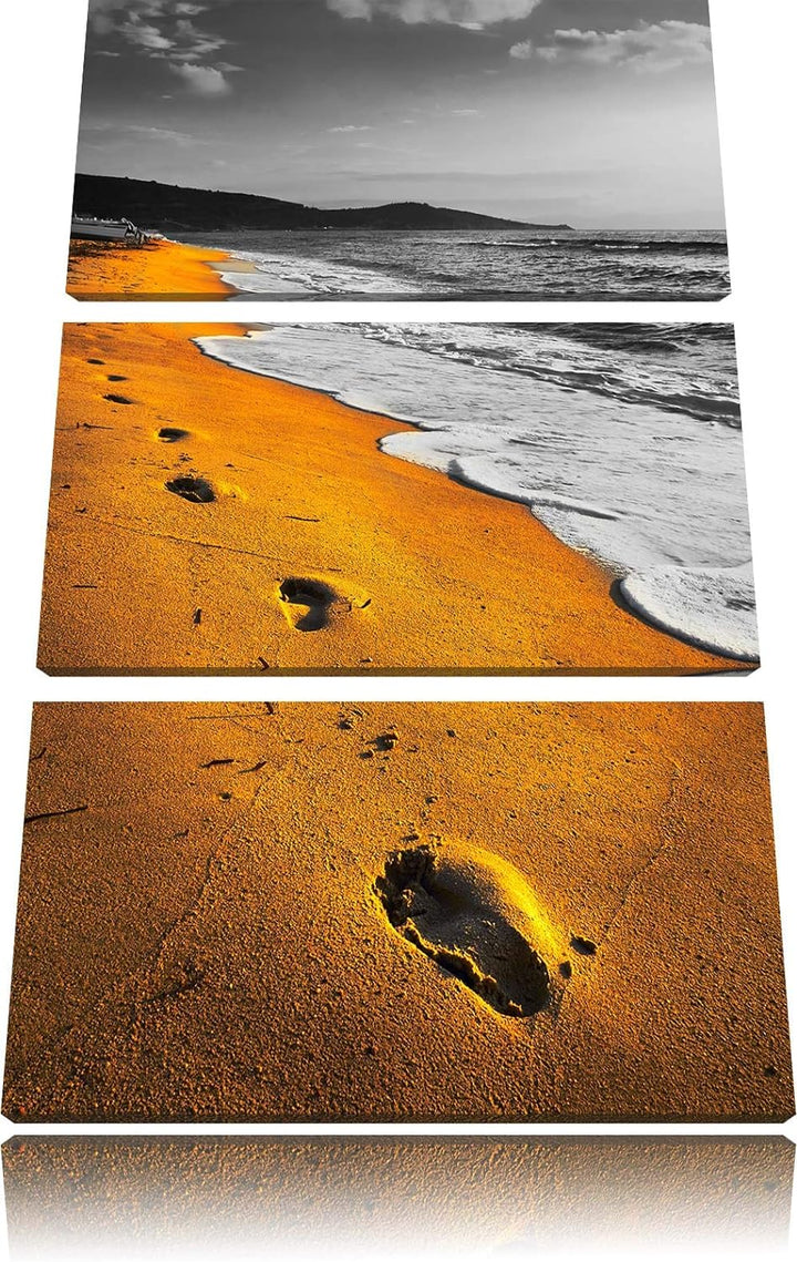 Spuren Im Sand am weiten Meer schwarz/weiss 3-Teiler Leinwandbild 120x80 Bild auf Leinwand, XXL ries