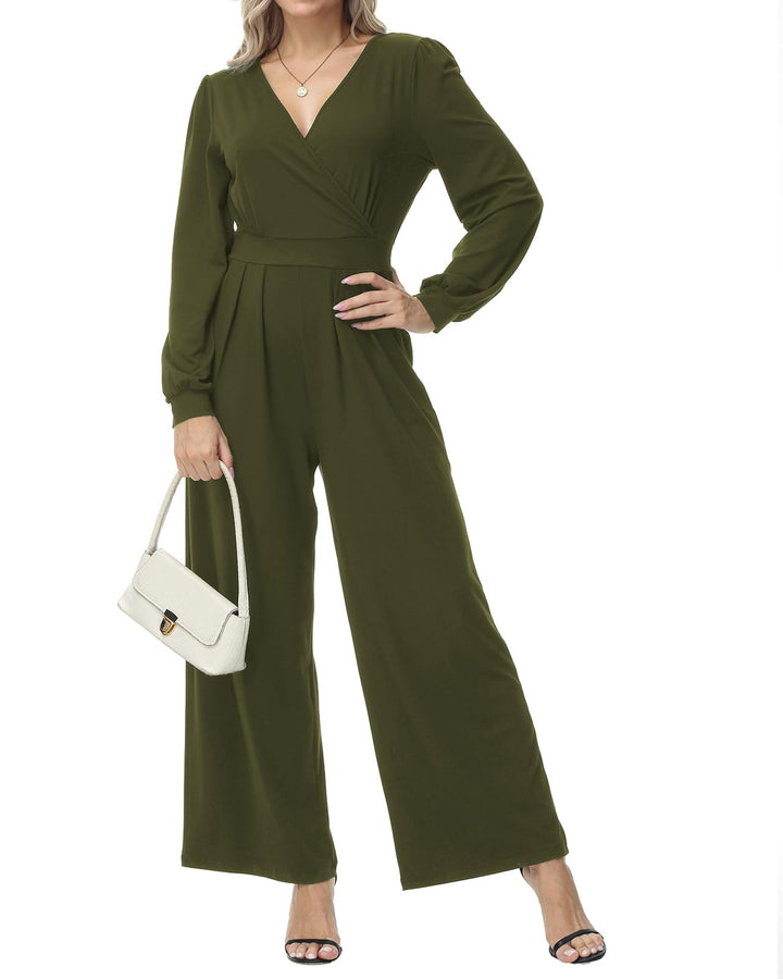 Tanmolo Damen Jumpsuit Langarm Overall Elegant Hosenanzug | V-Ausschnitt, Weites Bein, Praktische Ta
