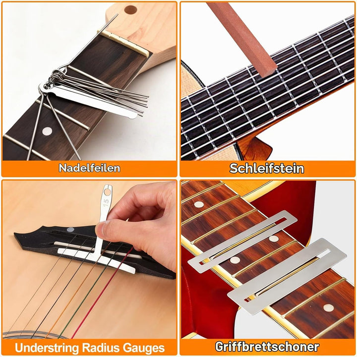 63 Stück Gitarren-Reparatur-Set, Gitarrenpflege-Reinigungs-Werkzeug-Set mit Sattel, Steg, Stimmgerät