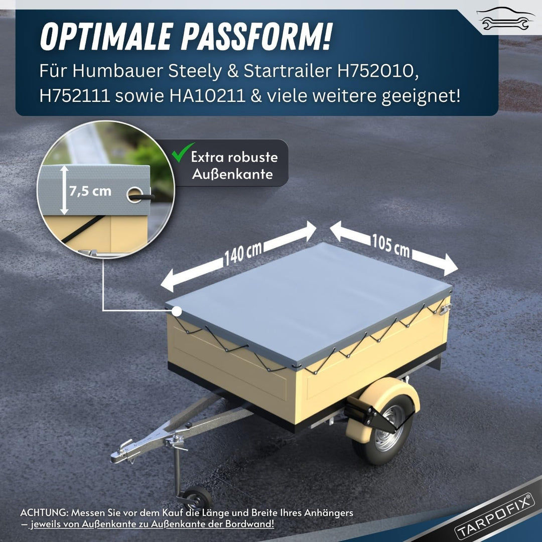 Tarpofix® Anhängerplane Flachplane 140x105x7,5 cm inkl. Planenseil - ECHTES PVC PLANENMATERIAL - Ran